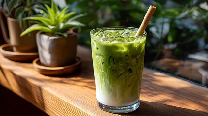Iced Matcha Green Tea with Cream in a Glass on a Wooden Table