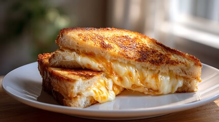 Golden Grilled Cheese Sandwich with Melted Cheese on a White Plate