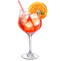 Watercolor Illustration of Orange Cocktail with Ice Cubes and Straw in Wine Glass Isolated on White Background