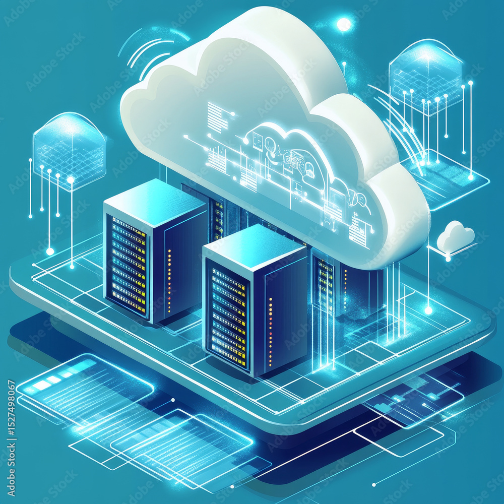 Poster infrastructure as a service. businessman touch a circuit board iaas empowers global network infrastr