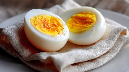 Halved Hard-Boiled Eggs with Seasoned Yolks on a Cloth Napkin