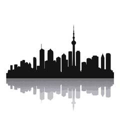 Silhouette of Shanghai skyline reflected on white background, urban elegance