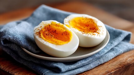 Halved Boiled Eggs with Seasoned Yolks on a Blue Napkin