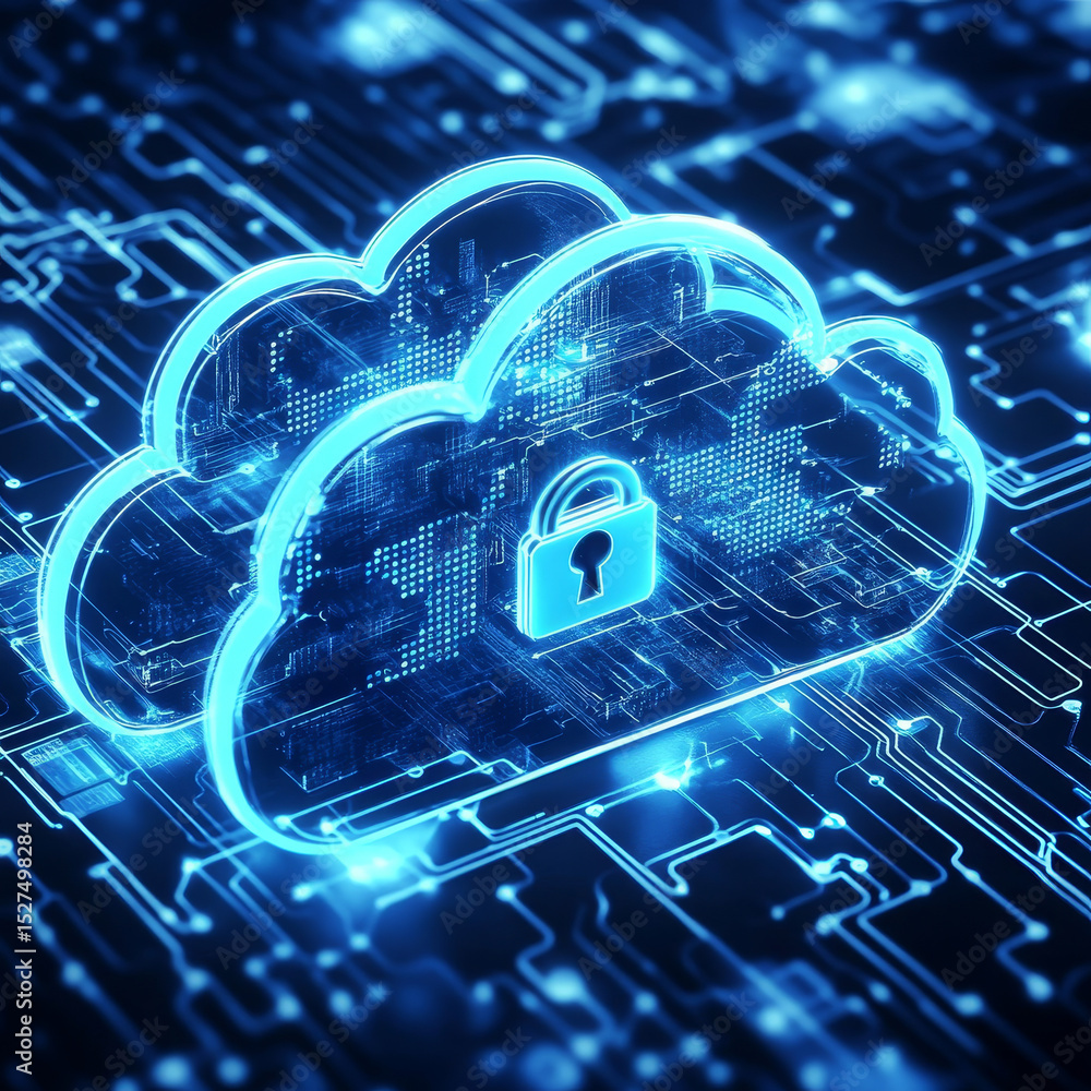 Poster businessman points at cloud security as a critical component of modern cybersecurity strategies, ess