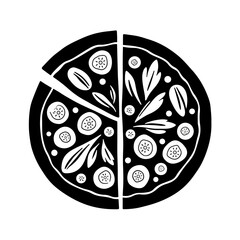 Vegetarian pizza silhouette with vegetables on white background, culinary art