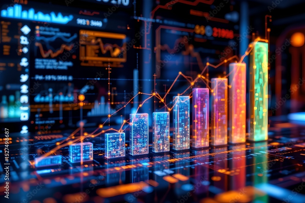 Poster analyzing financial trends with data visualization digital workspace infographic high-tech environme