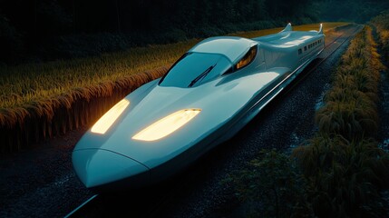 Modern high-speed train on a track at night.