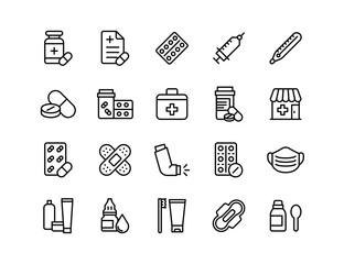 Pharmacy Vector Icon Set | Adjustable Line Weight | Pills, medicine, drugs, prescription, pharmacy, capsules, health, first aid, treatment, dose, bottle, mask, pharmacy shop, syringe icons