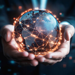 Hands holding globe with network connecting data of Robotics innovation, artificial intelligence, automation systems, machine learning, smart manufacturing, IoT integration, and global technology.