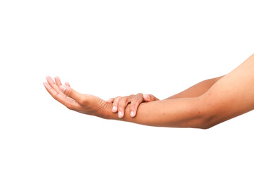 Isolated image displaying human hands, depicting concepts of pain or sensitivity