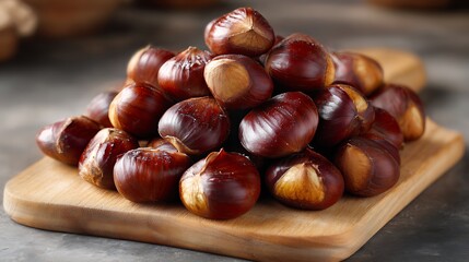 Heap of Fresh Chestnuts on a Wooden Cutting Board