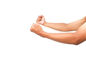 Isolated clenched fists, embodying strength, determination, and unwavering resolve on pure white...