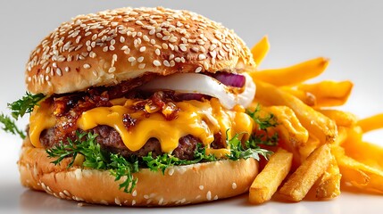 Gourmet Cheeseburger with Caramelized Onions, Red Onion, Greens, Fries on White Background