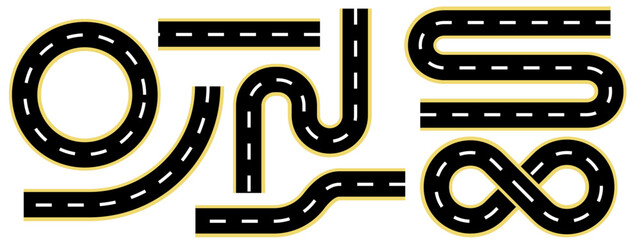 Top view of asphalt roads set. Collection of  Car road path. Automobile road, highway, roadway set. Travel, navigation and infrastructure concepts. vector set isolated on transparent background. 