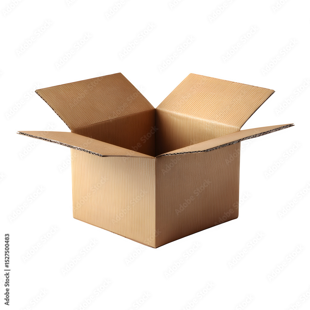 Poster a single open cardboard box with flaps extending outwards isolated on a black background in studio s
