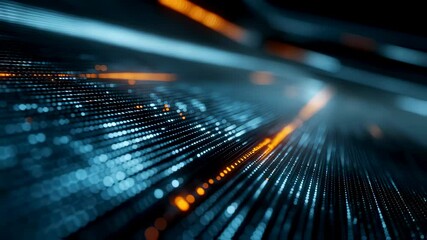 Complex digital data streams are flowing rapidly through cyberspace, illuminated by vibrant orange highlights, creating a dynamic visualization of information transfer - Powered by Adobe