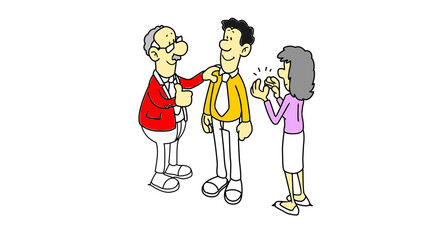 Cartoon illustration of proud parents and graduate son