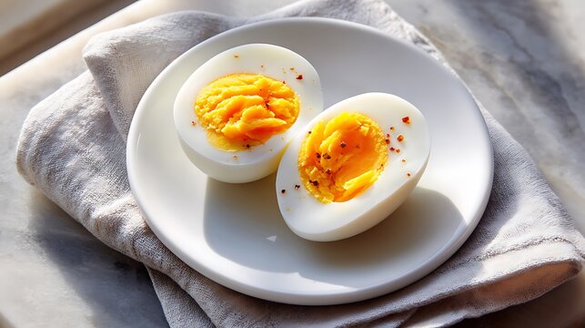 Halved Hard-Boiled Eggs with Seasoned Yolks on a White Plate