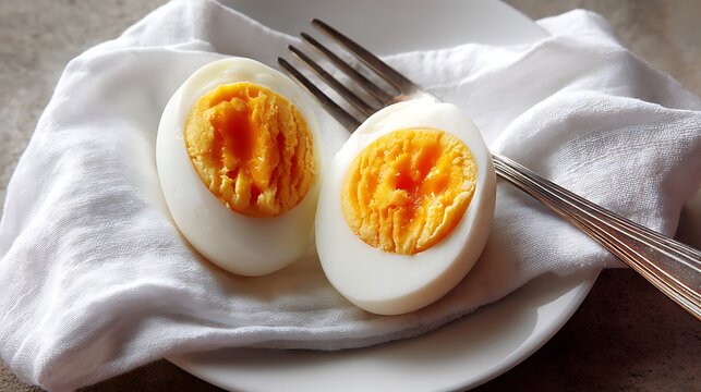 Halved Hard-Boiled Eggs on a White Cloth with Fork