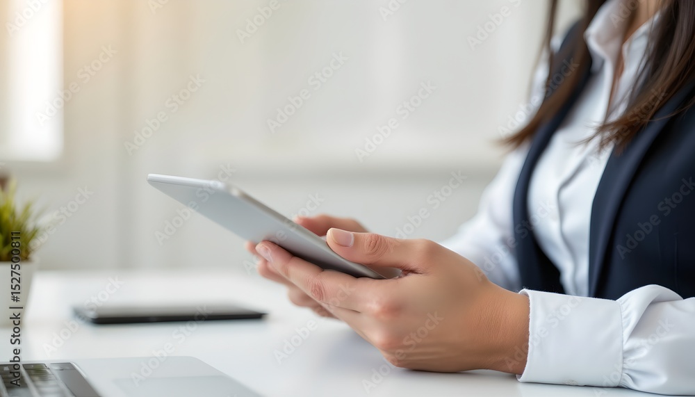 Poster engaging in digital communication office setting smartphone interaction bright workspace close-up vi