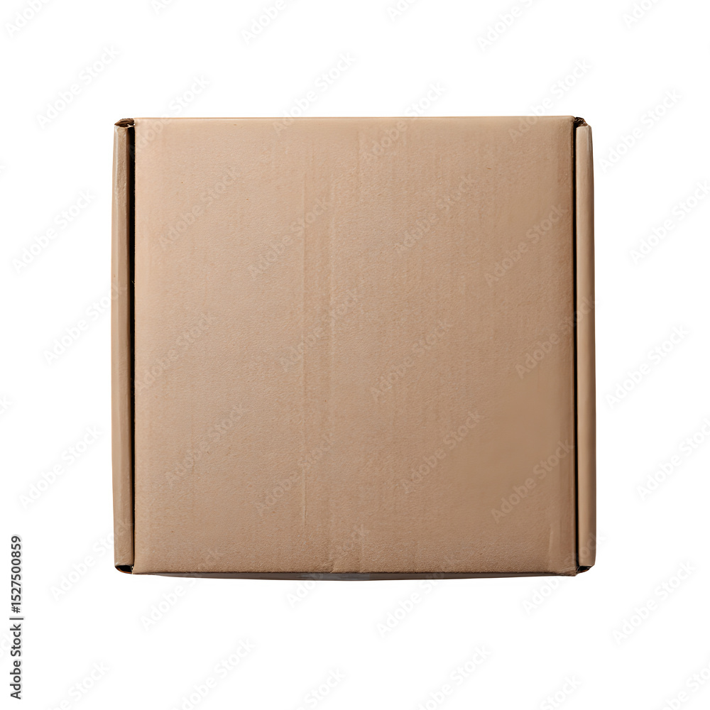 Poster a top down shot of a closed square cardboard box centered on a black background in a studio shot