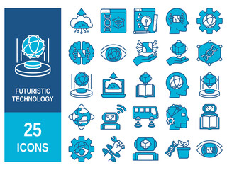 Set of 25 outline icons related to technology. Linear icon collection. Editable stroke. Vector illustration