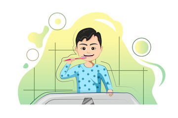 little boy brushing teeth in barthroom.simple vector illustration design.dental care and heath care concept clip art design element.