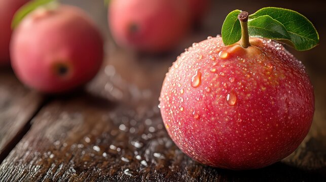 Close up of red plums with water droplets and green leaves on a dark wooden surface in soft lighting