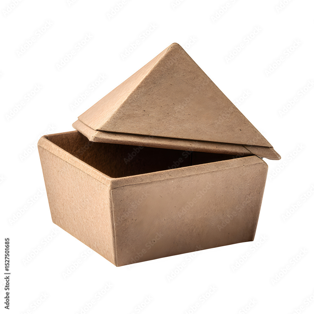 Poster a close up shot of a brown cardboard box with a triangular lid slightly open on a black background
