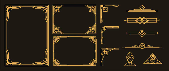 Collection of geometric art deco ornament. Luxury golden decorative elements with different lines, frames, headers, dividers and borders. Set of elegant design suitable for card, invitation, poster. © TWINS DESIGN STUDIO