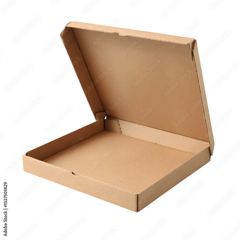 Poster a slightly angled view of an open empty brown cardboard pizza box against a black background space