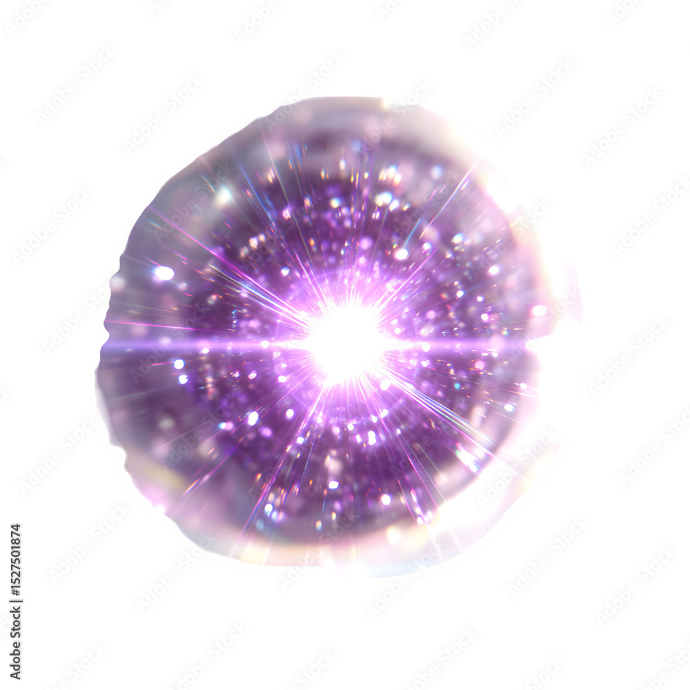 Poster a glowing purple orb with radiating light and sparkles against a black background creating a cosmic 