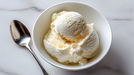 Vanilla Ice Cream in a White Bowl with Spoon