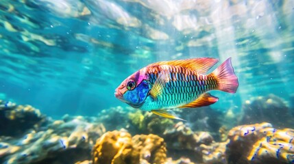 Fototapeta premium Vibrant tropical fish swims amidst coral reef