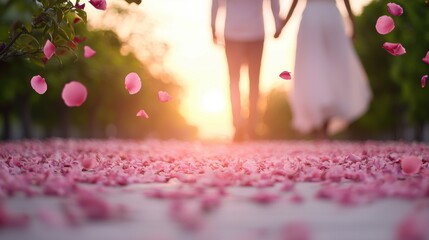 Lover Couple walking hand in hand through a blooming flower garden, surrounded by vibrant petals and greenery.