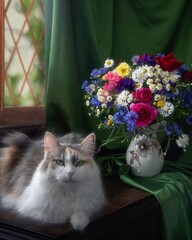 Beautiful tricolor cat with bouquet summer flowers
