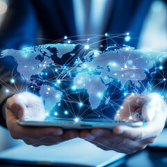 ERP (Enterprise Resource Planning). Hand touching global network connection, integrating seamless business operations through ERP software for optimized resource management, enhanced decision-making.