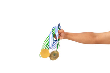 Victorious Athlete's Hand Triumphantly Holding Hard-Earned Medals of Gold and Bronze
