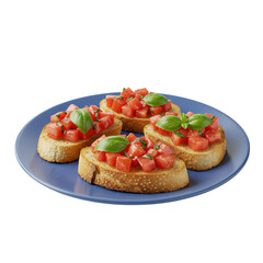 Fresh bruschetta with diced tomatoes and basil on toasted bread, served on a blue plate