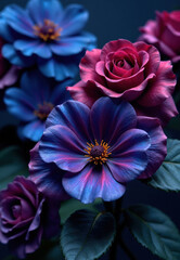 Close-up of Purple and Blue Flowers with Dark Green Foliage