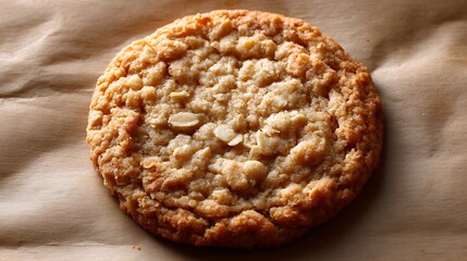 A single oatmeal cookie with visible oats and a golden-brown crust placed on parchment paper