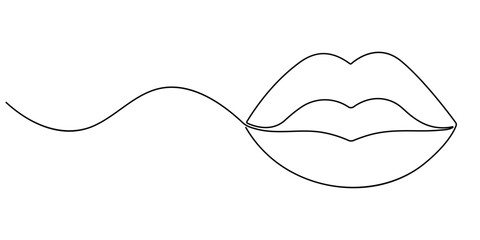 One continuous line drawing of lips. One line vector illustration of lips, Vector lips continuous one line drawing illustration. Female hand drawn mouth linear silhouette icon. Minimal design element