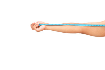Hand holds blue measuring tape stretched across arm length on isolated white background