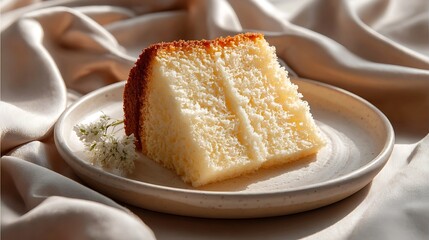 A slice of creamy cheesecake served on a ceramic plate with a delicate flower garnish.