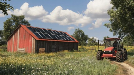 Fototapeta premium Aerial shot of a sugarcane farm with solar panels, a large water tank, and well-maintained irrigation systems