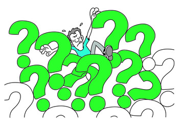 Overwhelmed person surrounded by green question marks