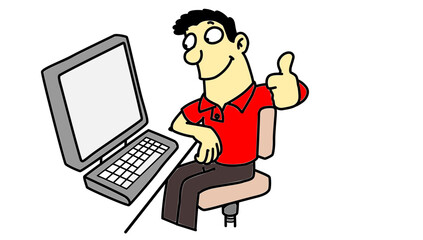Happy man giving thumbs up at computer