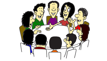 Cartoon people talking around a round table