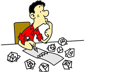 Cartoon man writing in spiral notebook