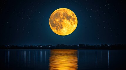 Full orange moon over tranquil lake at night
